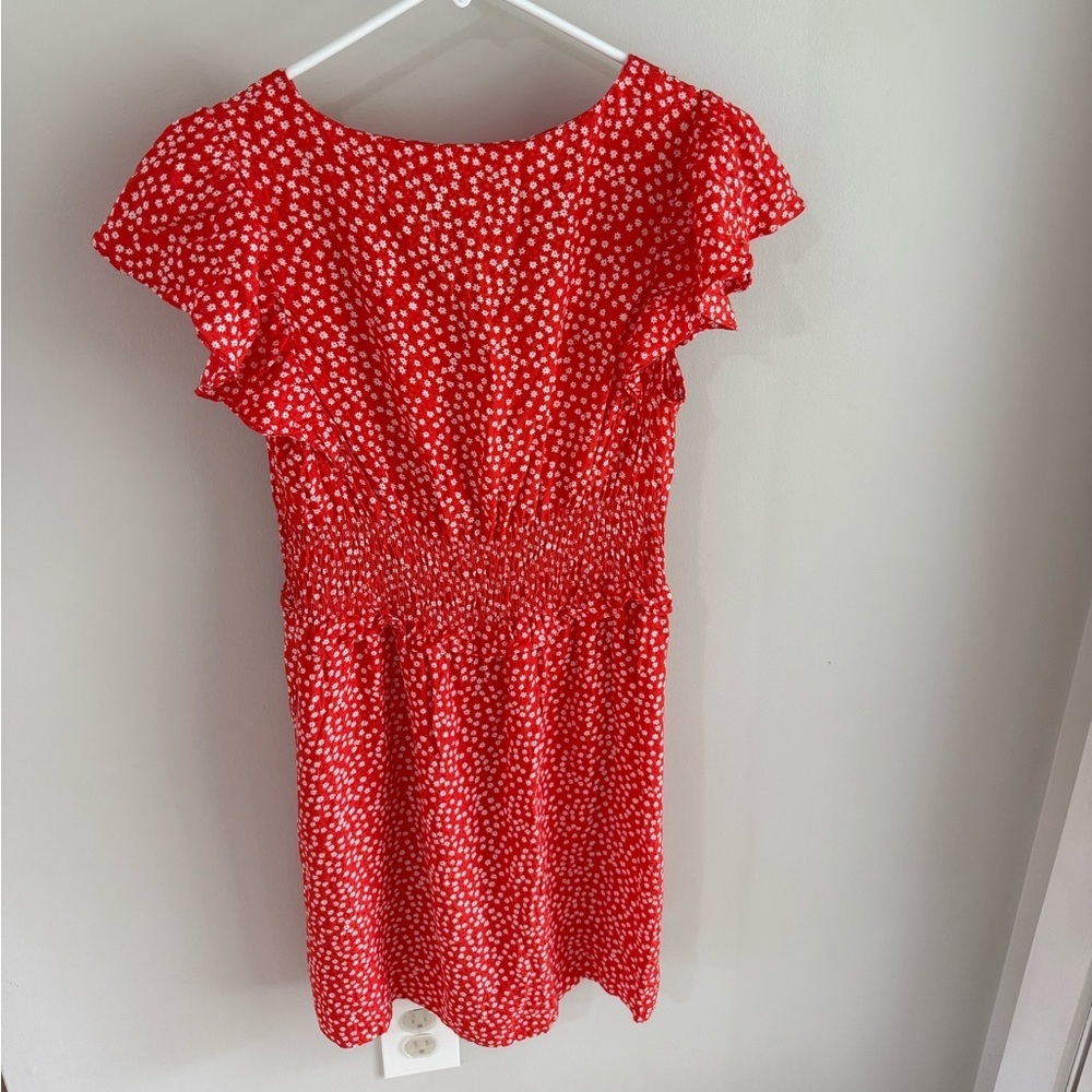 Rebecca Taylor Silk Blend Red Ditsy Floral Smocked Waist Mini Dress - Medium - Picture 5 of 8